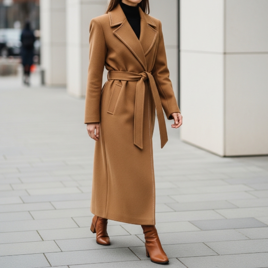 Diana Kuşaklı Yün Karışımlı Uzun Kaşe Kaban